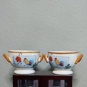 California Pantry 2006 Set of 2 Footed, Double Handled Rooster Soup Bowls